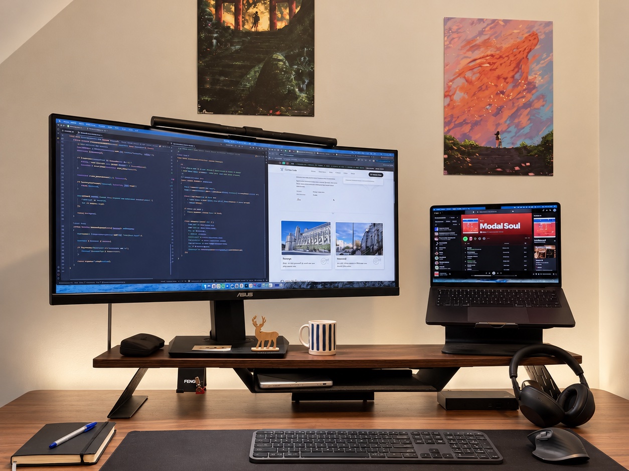 Le bureau d'Alex : deux écrans avec du code et le site en cours, un carnet, un mug, un casque