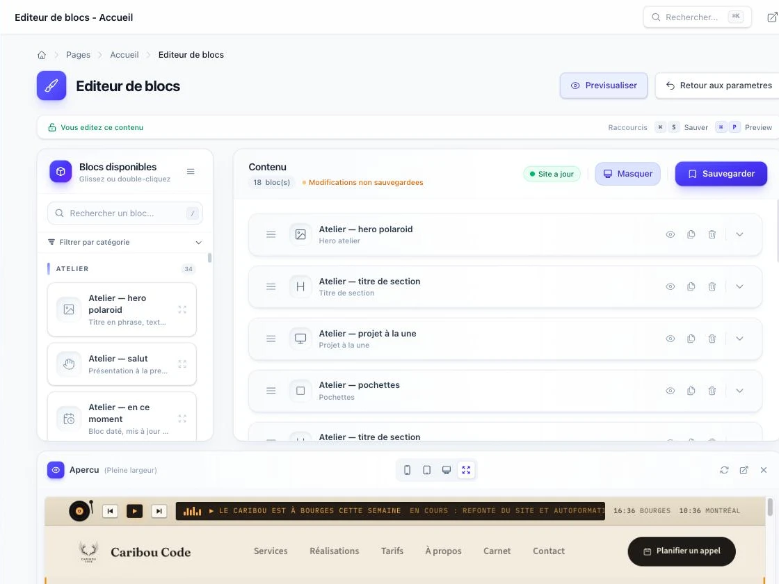 L'éditeur de blocs de CariBuild : bibliothèque de blocs, contenu de la page et aperçu du site en direct