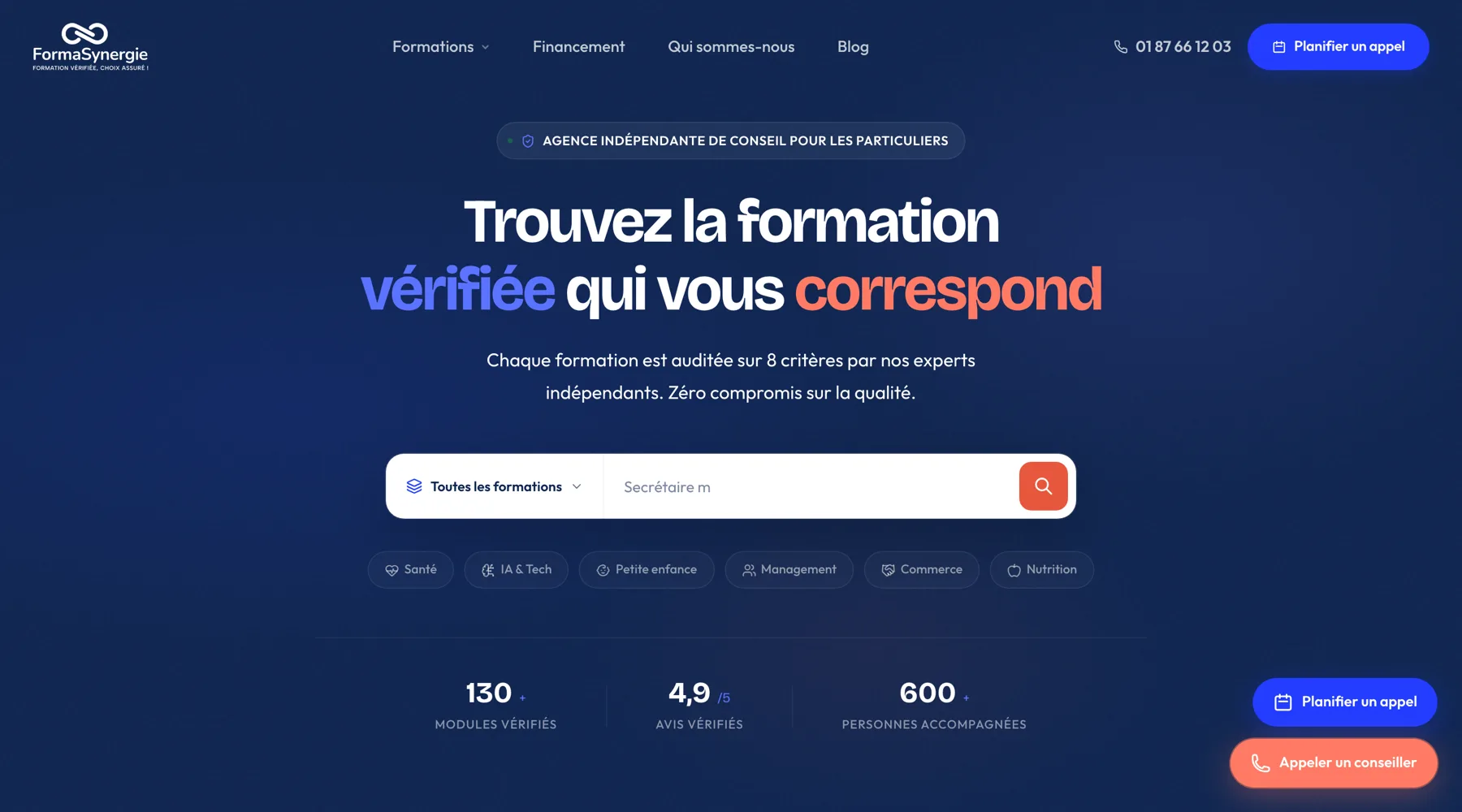 Page d'accueil de formasynergie.fr : moteur de recherche des formations vérifiées