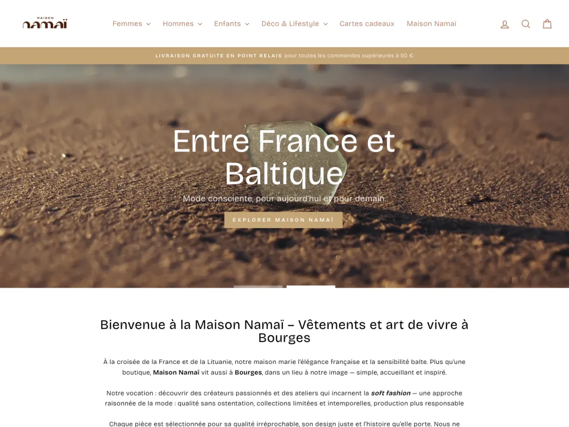 Page d'accueil de maisonnamai.com : « Entre France et Baltique », mode consciente et art de vivre à Bourges