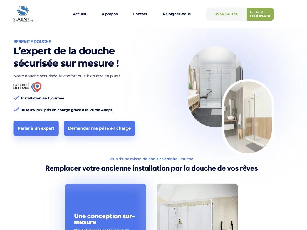 Page d'accueil de serenite-douche.fr : « L'expert de la douche sécurisée sur mesure »